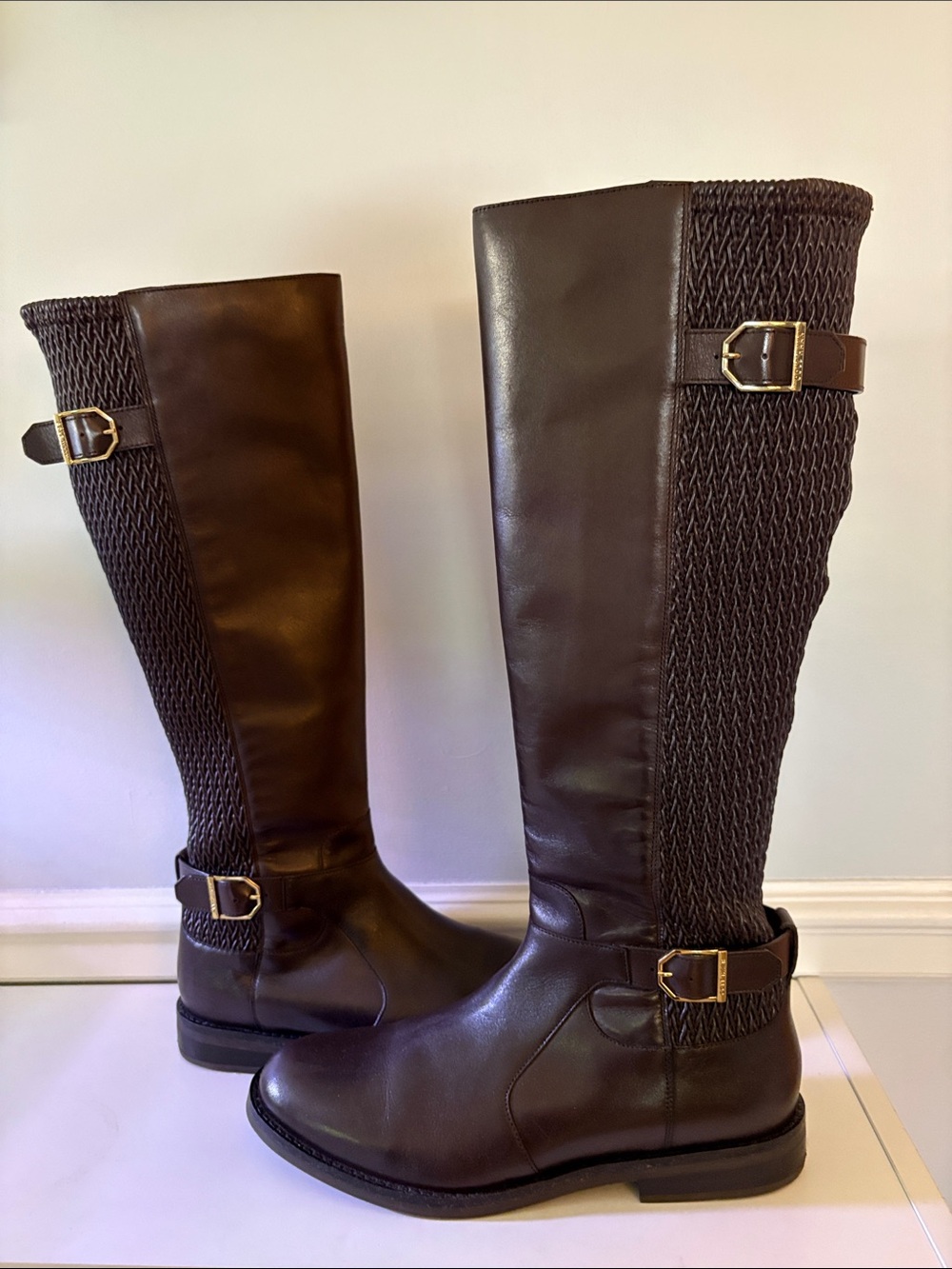 Cole Haan Brown Over-the-Knee Knit-Back Riding Boots